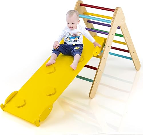 GLACER Escalera triangular de escalada con rampa, triángulo de escalada de madera con rampa reversible 2 en 1, juguete de escalada para niños