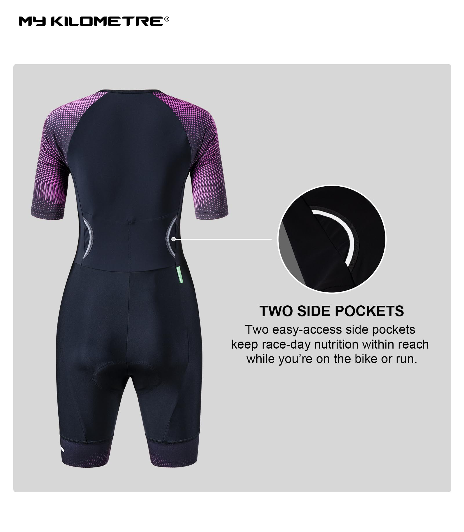 MY KILOMETRE Damen Triathlon Anzug Kurzarm Einteiliger Trisuit Schnelltrocknend Frontreißverschluss UPF 50+