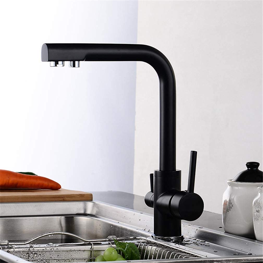 GLETSF Black Kitchen Faucet with 360 Swivel Dual Handle Drinking Waterap Deck Mounted Sink Mixer with Aerator - 3 Way Filtration System for Home Use,