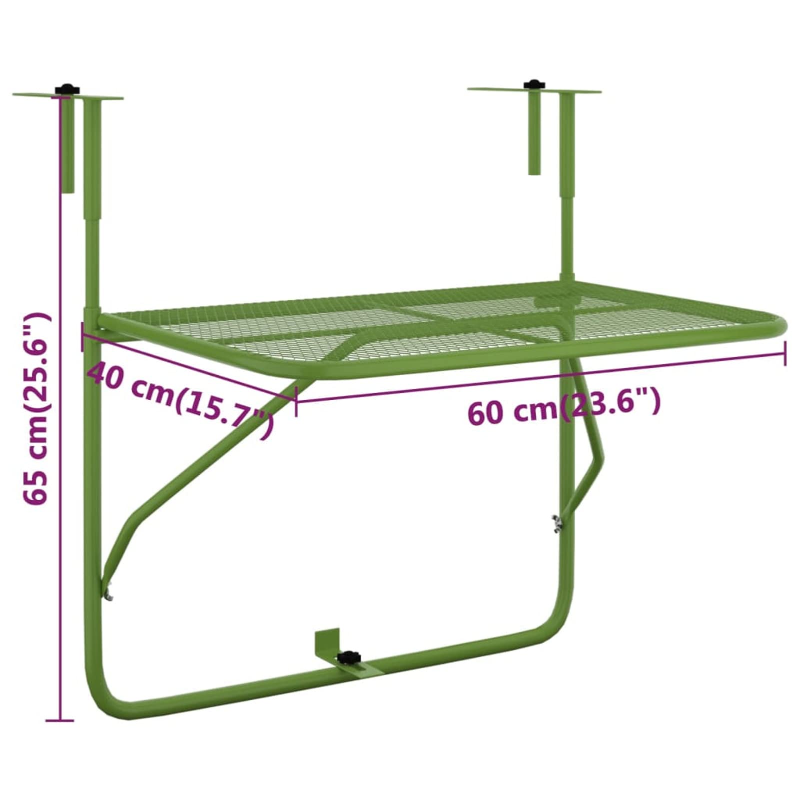 Homgoday Table de balcon pliante - Table suspendue de balcon - Table suspendue - Table d'appoint pliante pour balustrade de balcon - Vert - 60 x 40 cm - Acier