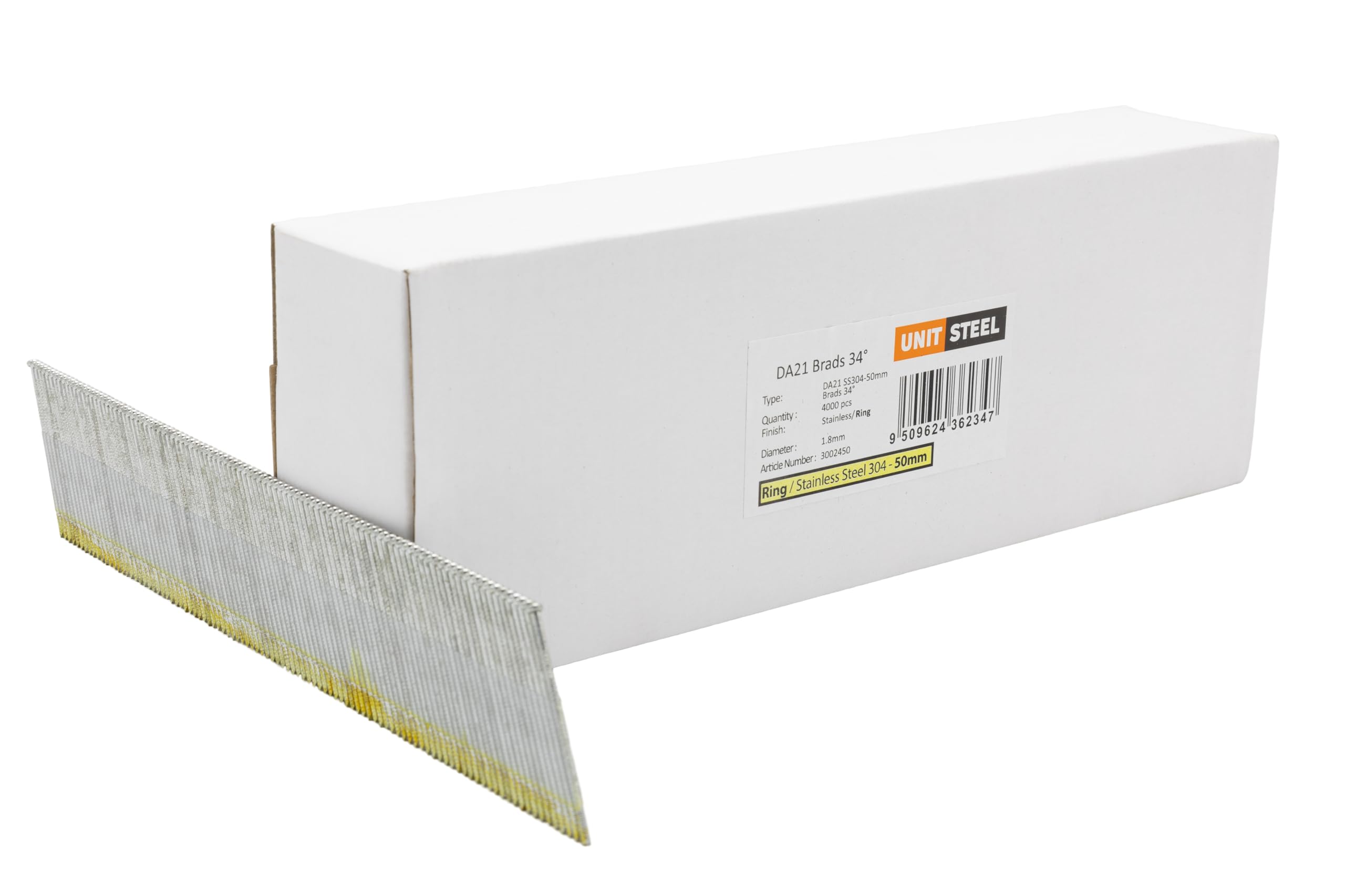 34° DA-Brads - 1,8x50mm, 4.000 piéces, DA-Brads pour Cloueur, Annelée/INOX A2, pour toutes les marques cloueuses