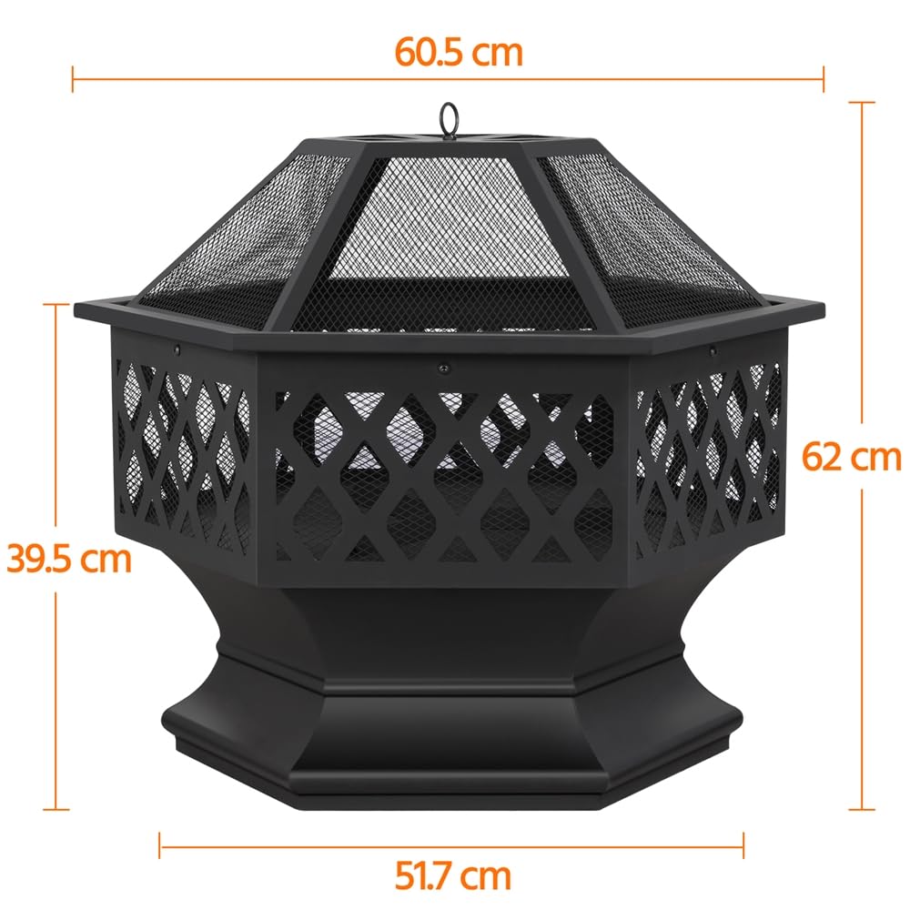 Yaheetech Brasero Exterior Leña Brasero Jardin Hexagonal Estufas para Terrazas Chimenea Portátil Grande 61x61x62cm Negro