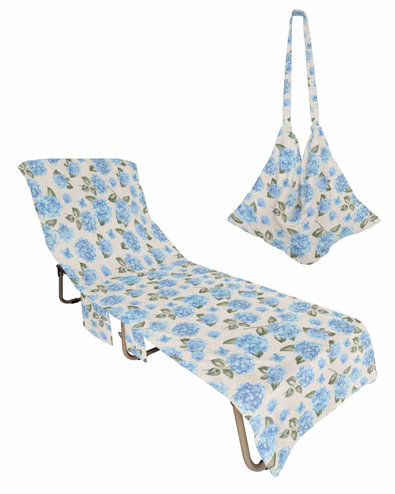 Blossom Blue Floral Beach Chair Towel Covers for Chaise Lounge With Side Pocket, Soft Plush Pool Towels Cover for Patio Sunbathing Outdoor 29''x85'' Vintage Spring Botanical Plant Leaves