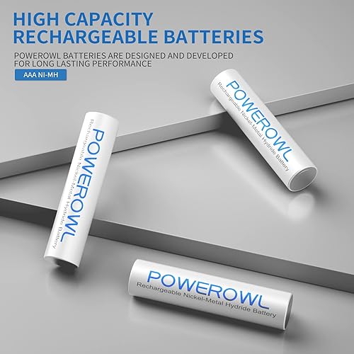 Miniatura 2 de POWEROWL Paquete de 4 baterías AAA recargables con cargador, alta capacidad baja autodescargador NiMH Triple A batería