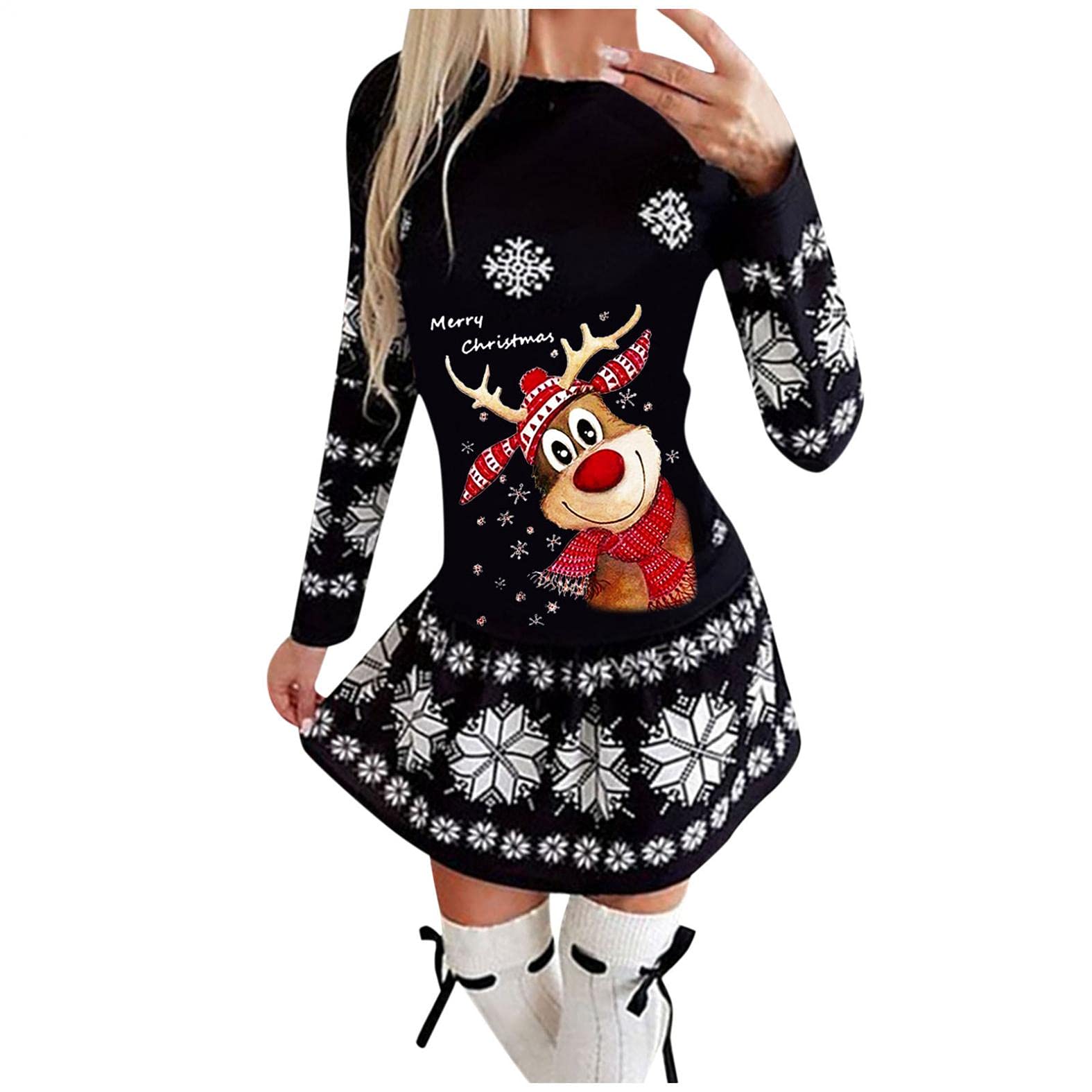 CenlangWomens Ugly Christmas Printed Tunic Dress Long Sleeve Reindeer Snowflake Graphic Casual Cocktail Party A Line Mini Dress