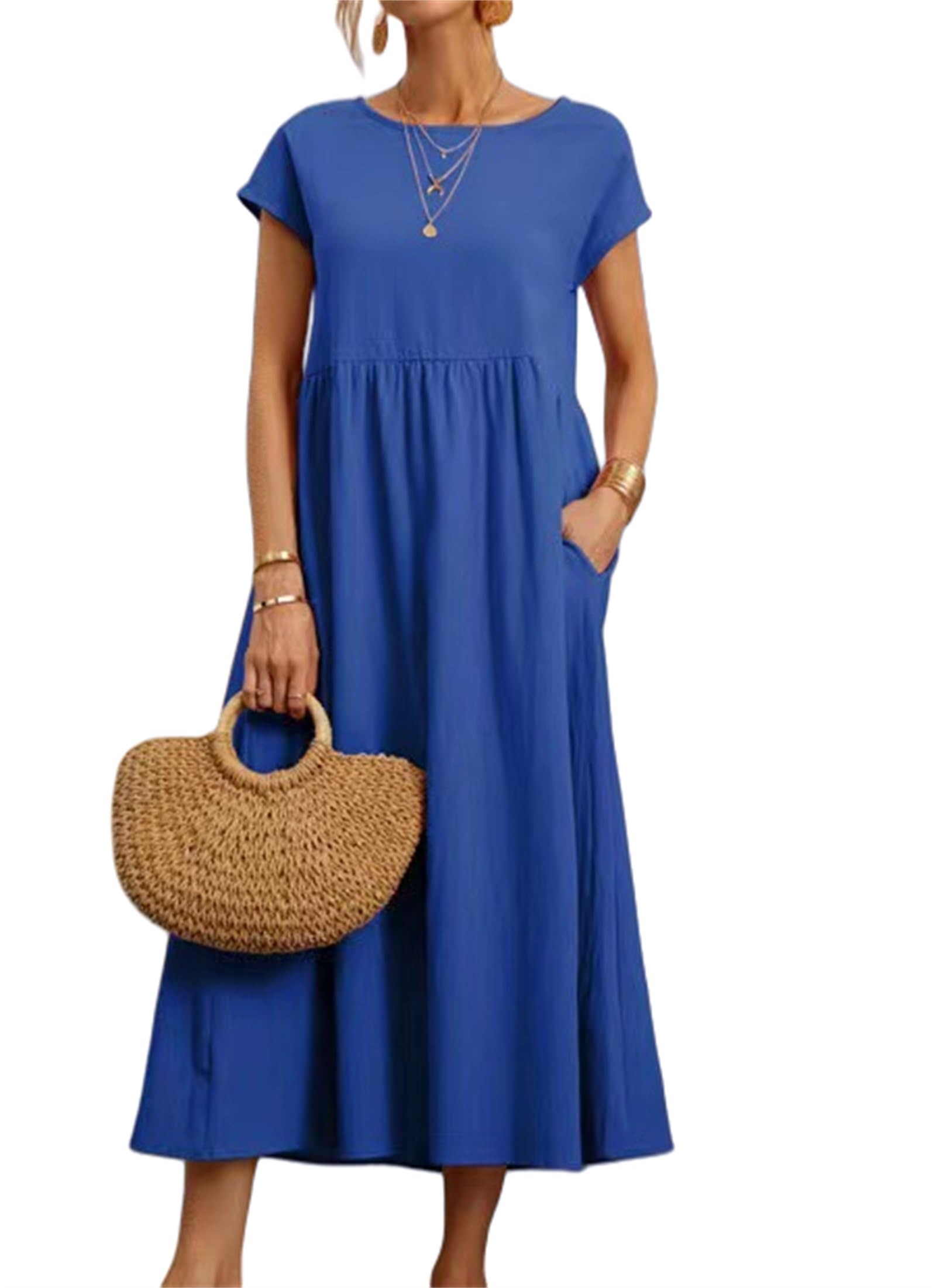 Vestito estivo da donna, abito dritto e largo, abito lungo da donna, abito lungo a maniche corte, con tasche
