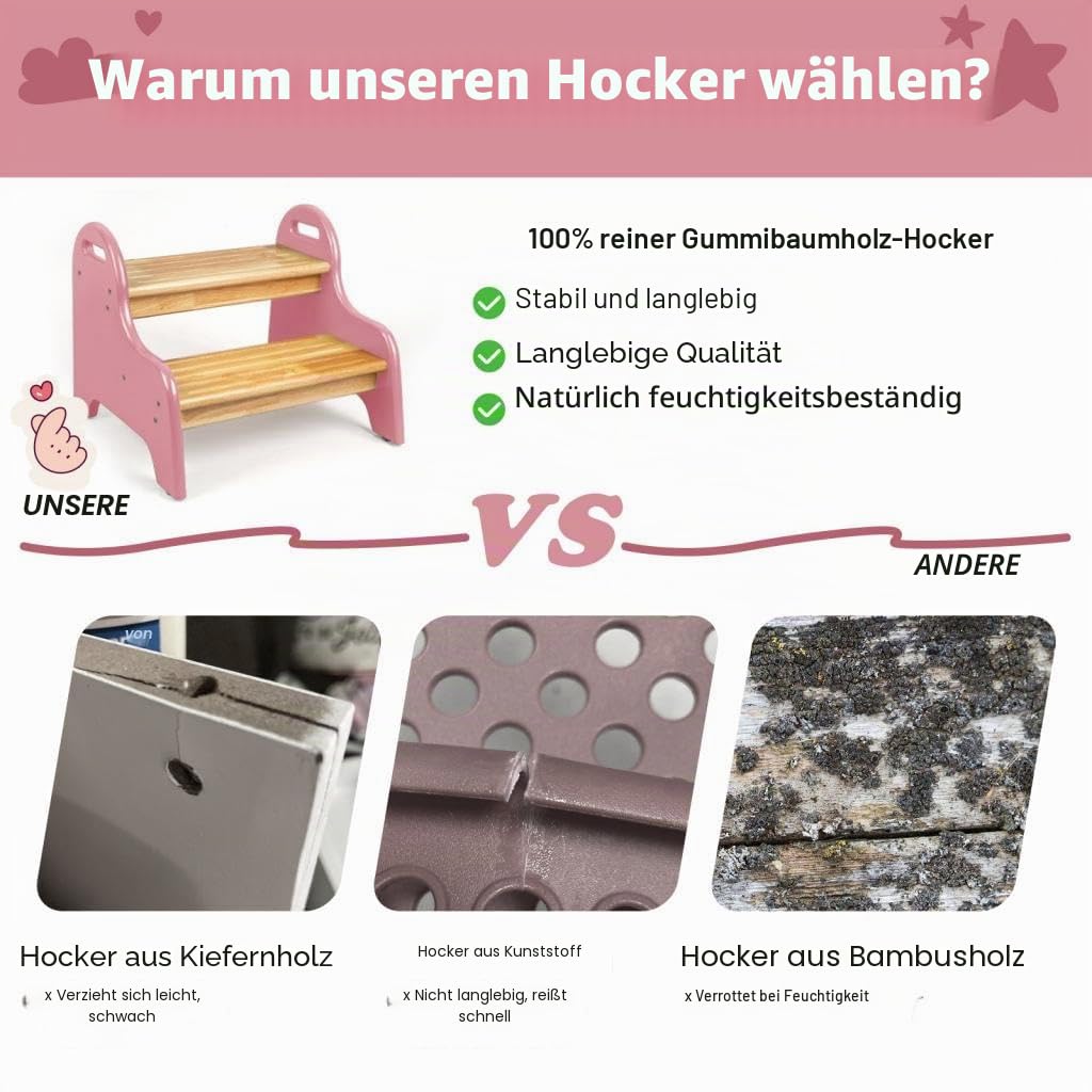 StrongTek Kinder-Trittbank 2 Stufen, Hocker aus Gummibaumholz, stabil & rutschfest, ideal für Bad, Küche und Zuhause, langlebig, leicht zu reinigen, Tritthocker für Kleinkinder