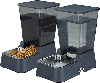 Automatischer Wasserspender für Hunde, 5,4 l, Schwerkraft-Edelstahl-Wasserspender, große Kapazität, Futternäpfe für Katzen und mittelgroße und große Hunde (Schwarz, Futter + Wasser)