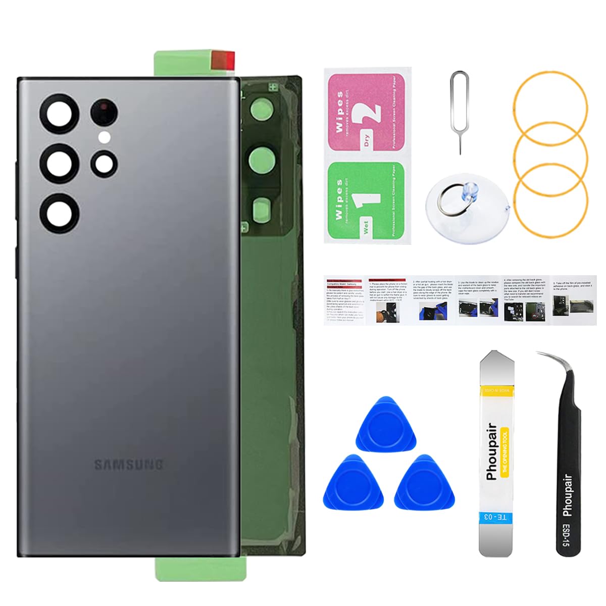 Phoupair Rear Back Glass Replacement for Samsung Galaxy S22 Ultra 5G with Professional Reparing Toolkit and Installation Instruction (Gray)