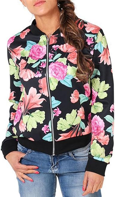 Damen Bomberjacke Mit Blumenmuster - Leichte Übergangsjacke Baseball-Kragen