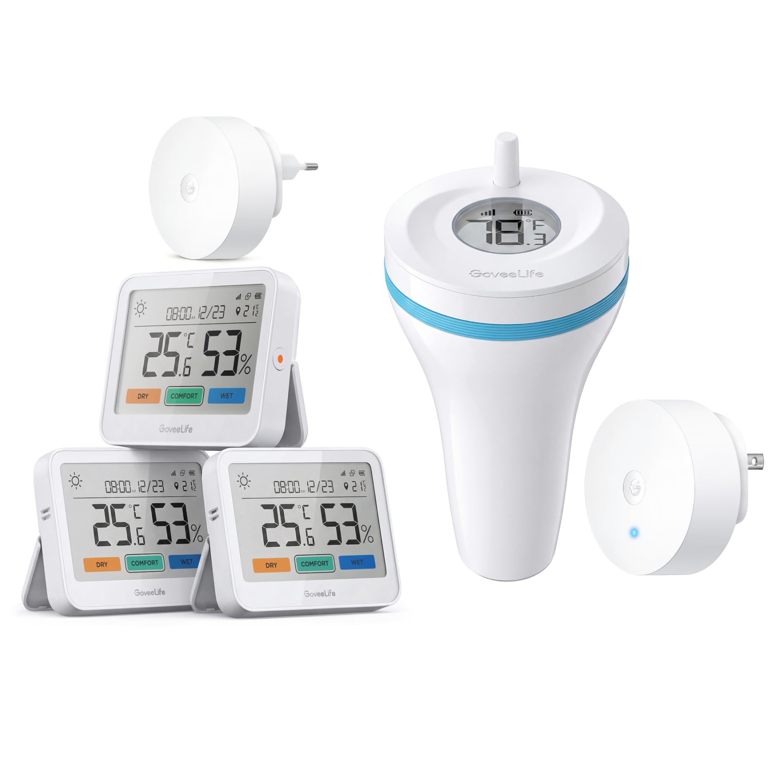 GoveeLife WLAN Thermometer Hygrometer Innen, 5-in-1 Wetterstation Funk, GoveeLife WLAN Pool thermometer P2, 4-stufige Warnmeldungen, ür Schlafzimmer, keller, Gewächshaus, Pool