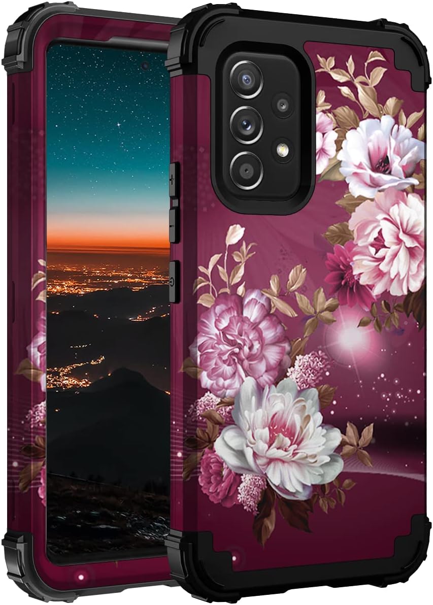 Hocase for Galaxy A53 5G Case, Heavy Duty Shockproof Protection Soft Silicone Rubber Bumper+Hard Plastic Hybrid Protective Case for Samsung Galaxy A53 5G (6.5" Display) 2022 - Burgundy Flowers