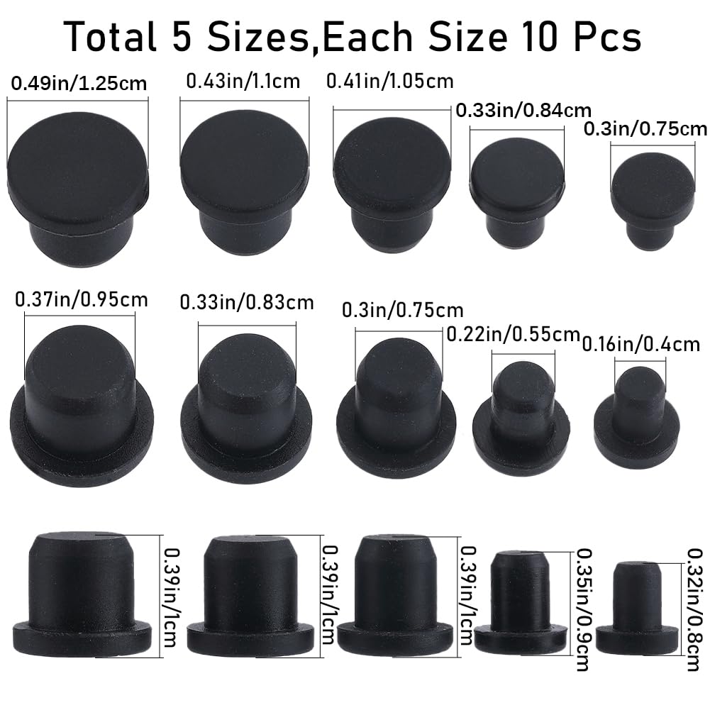 GORGECRAFT 50PZ 5 Misure Tappo per Fori in Silicone Nero Rotondo in Gomma Impermeabile Coperture per Fori per Bottoni Tappo Flessibile Morbido Adatto per Fori da 4-9.5mm di Diametro Interno Bottiglie