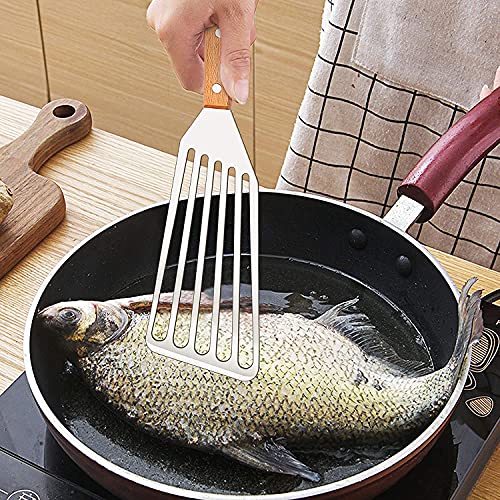 Image of Fish Spatula Turner, Smooth Solid Wood Handle Fish Turner, Stainless Steel Slotted Spatula (Pack of 1)