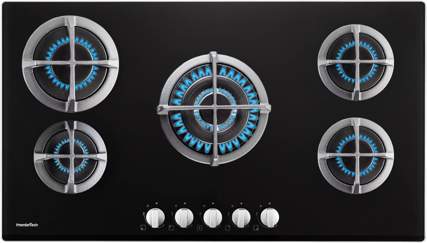 PremierTech Piano cottura a gas 5 fuochi 75 cm Vetro Nero PC5G75V PremierTech Piano cottura a gas 5 fuochi 75 cm Vetro Nero PC5G75V
