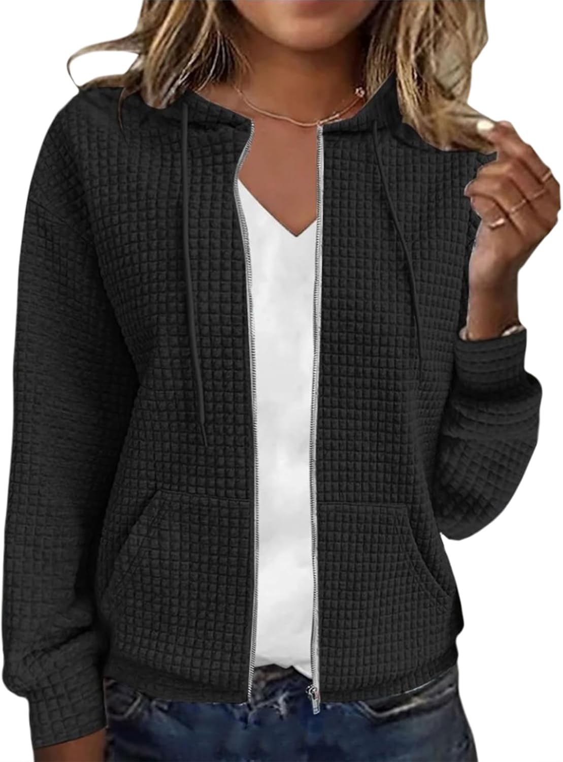 Waffle Knit Jacket for Women Zip Up Long Sleeve Sweatshirt Jackets Loose Fit Women's Fall Light Coats with Hood
