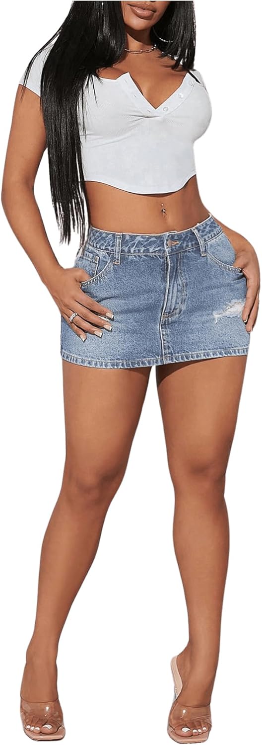 SHENHE Women's Ripped Low Rise Zip Fly Denim Skirt Sexy Y2k Vintage Jean Mini Skirt - Image 4