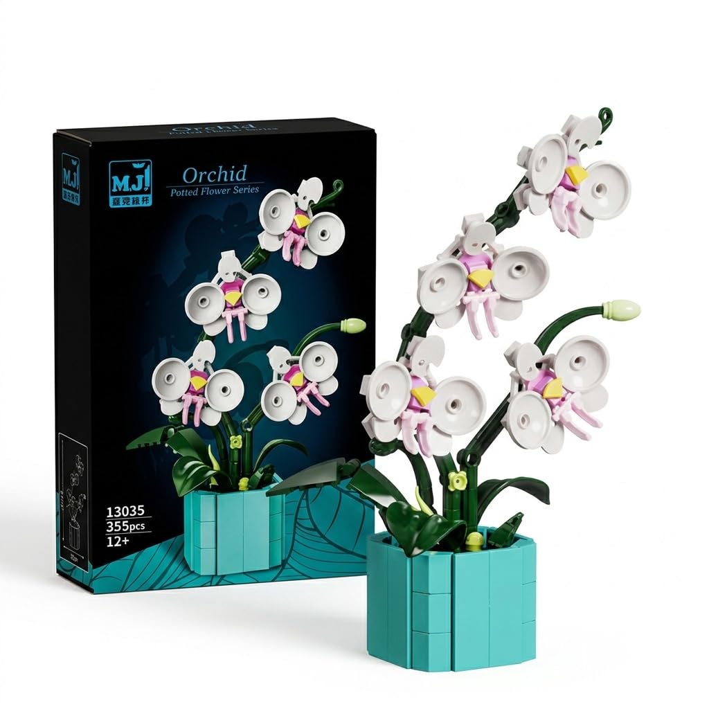 QBLO White Orchid Potted Flower Botanical Building Block Set, 355 Pcs | Potted Flower Series, 12x4x18 cm, Ages 6 and Above, Home Decor Display, Teal Planter Base-image-31