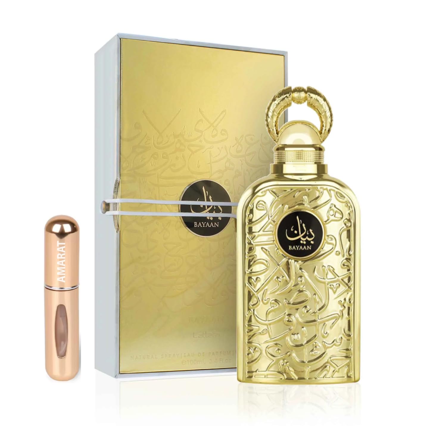 Perfume Bayaan 100ML, Perfume Árabe para Mujer de Larga Duración, Eau de Parfum Incluye Atomizador Recargable 5ML Fragancia Floral y Dulce con Notas de Cassis, Praliné y Vainilla (Bayaan)