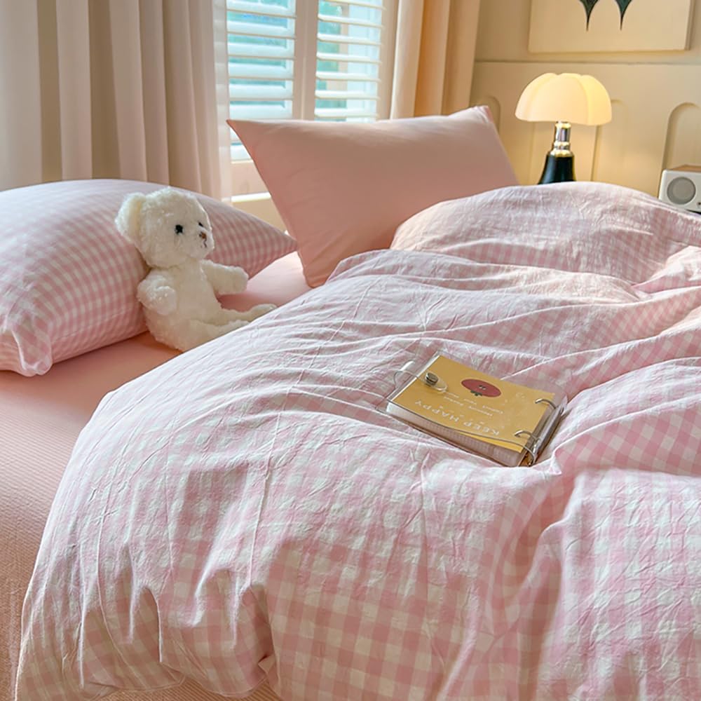 Funda de edredón de 220 x 240 cm, diseño de cuadros, color rosa y blanco, moderno, juego de cama para adultos, 2 personas, funda nórdica de microfibra, ropa de cama con cremallera y 2