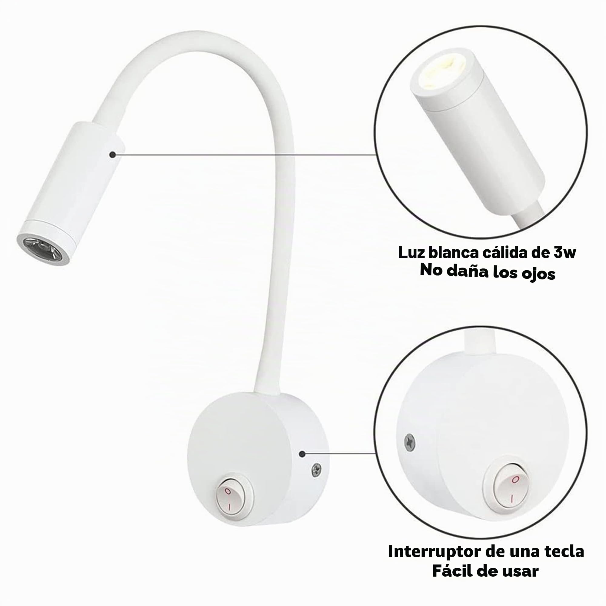 Lámpara de lectura de pared LED, color plateado de aluminio, lámpara de escritorio, luz cálida blanca, diseño de protección de ojos, lámpara de noche con interruptor