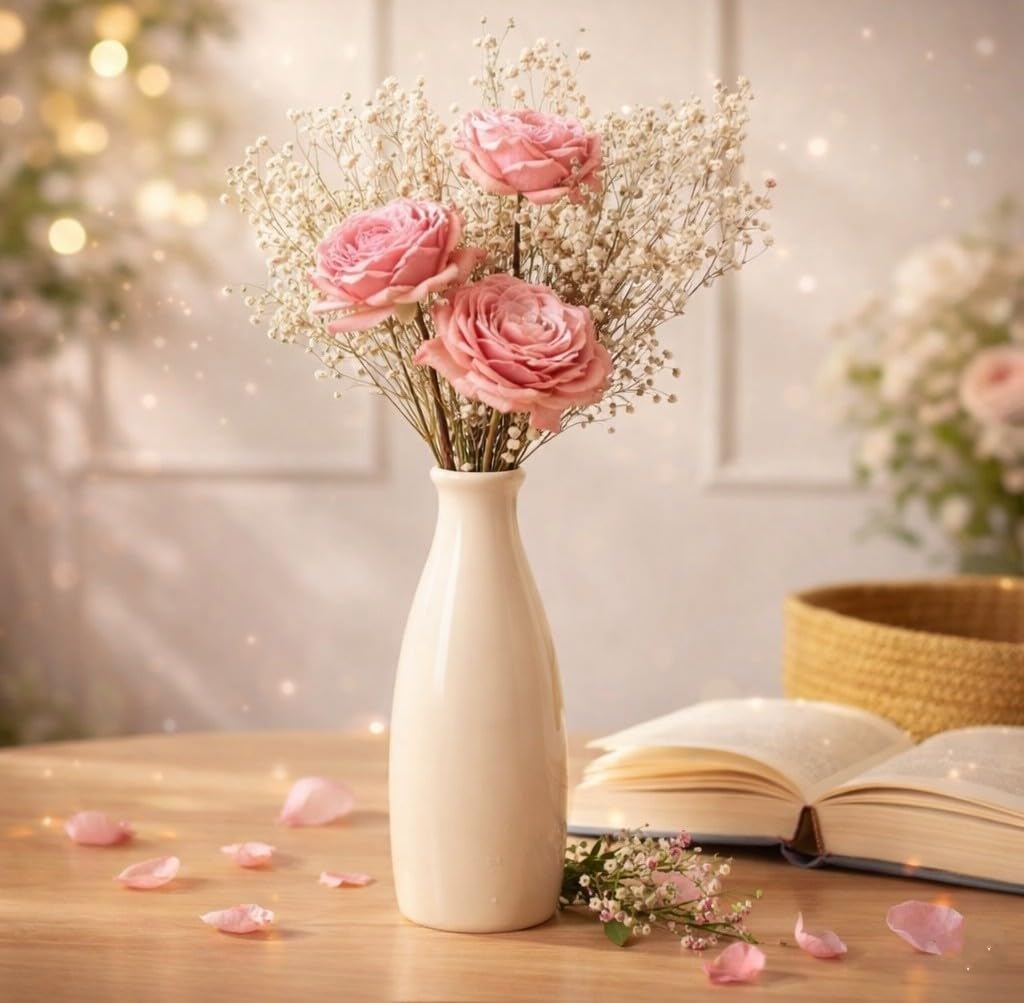 PulGos White Ceramic Flower Vase - Sleek Modern Bottle Design - Elegant Decorative Pot for Home Decor, Living Room Table Centerpiece & Office Desk - Stylish Minimalist Floral Vase for Gift Ideas