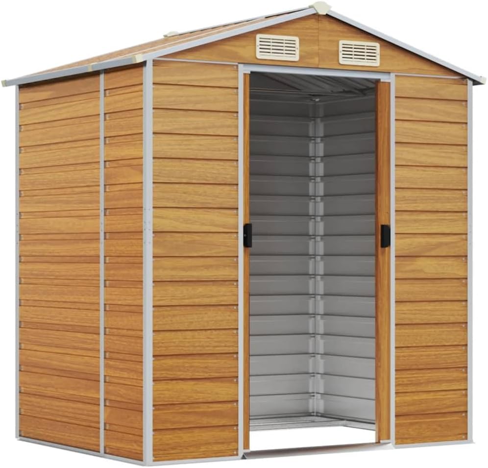 Garden shed with its door open, showing the interior space