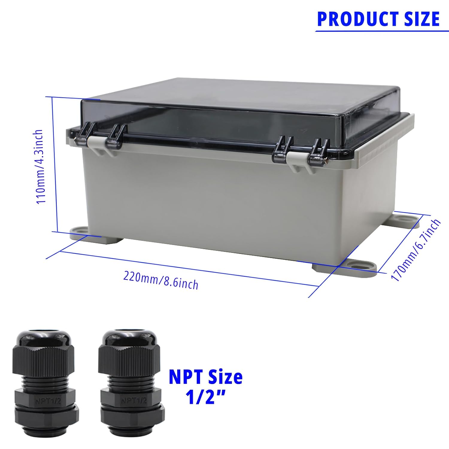 MAKERELE Small Waterproof Electrical Junction Box Clear ABS Plastic Dustproof Boxes Hinged Shell Outdoor Universal Project Enclosure with Clear Cover 8.6×6.7×4.3 inch (220×170×110mm)