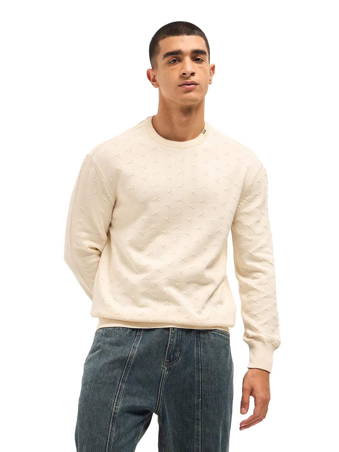 the bear house Men's White Relaxed Fit Cotton Textured Sweater-picture-32