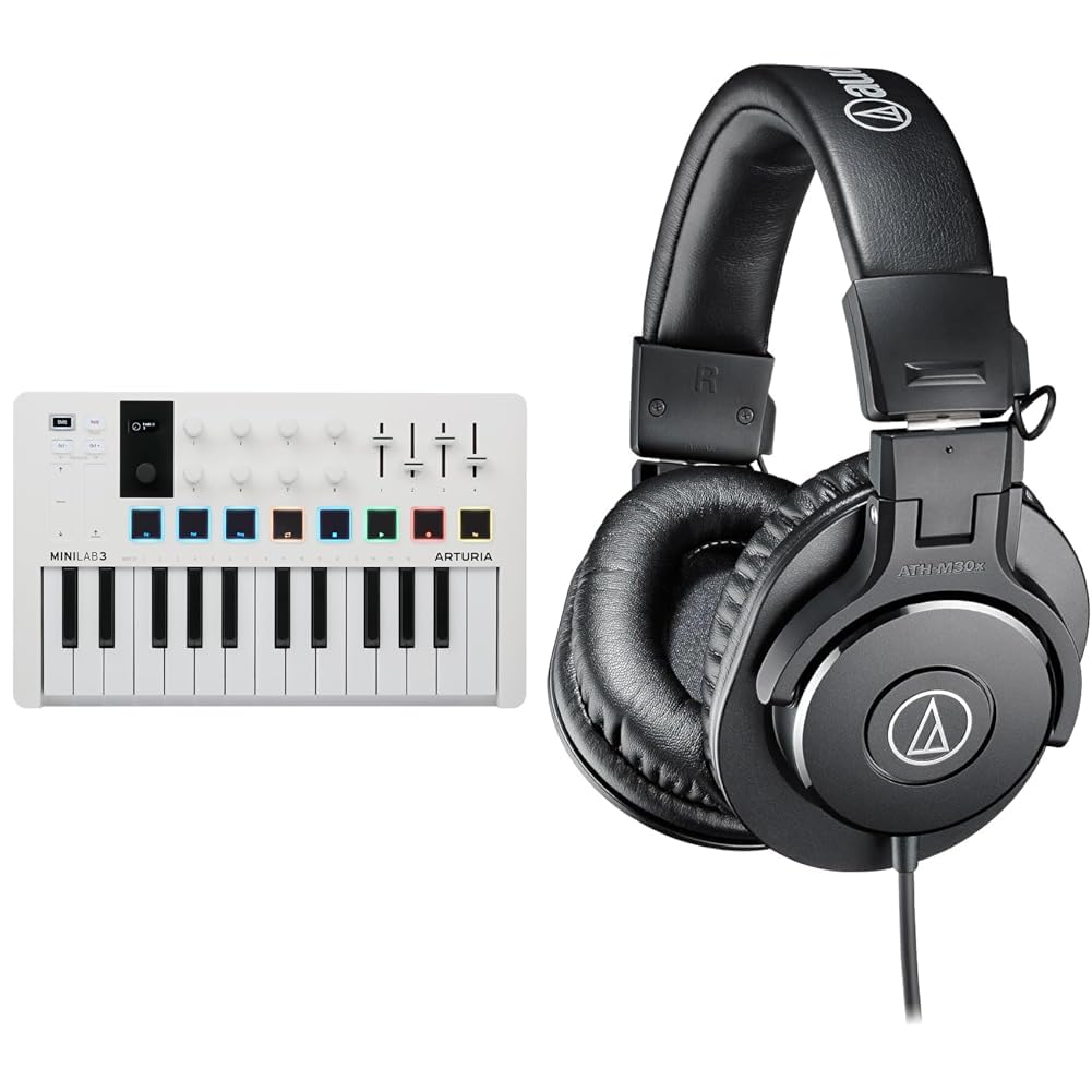 Arturia - MiniLab 3 - Controlador MIDI Universal para Producción Musical, con Paquete de Software & Audio-Technica M30x Auriculares Profesionales de Monitoraje Negro.
