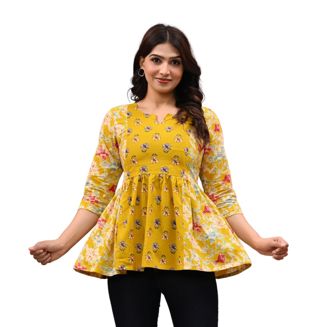 label adrija Pure Cotton Round Neck Floral Printed Anarkali Short Kurti for Women's Flared Hem-picture-55