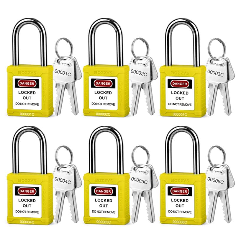 Image of Lockout Tagout Locks 6-Pack|OSHA Yellow Loto Locks Keyed Different|2 Keys /Lock for Industrial Machinery & Electrical Panels|Chrome Steel & Laser Coding