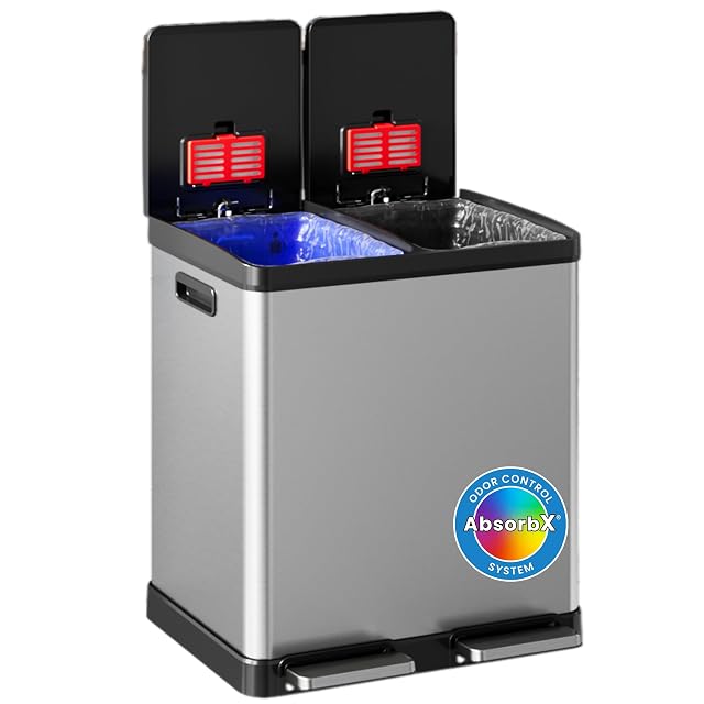 iTouchless 60 Liter 16 Gallon Dual Compartment Kitchen Trash Can Recycling Bin Odor Filter Soft-Close Hands-Free Step Pedals