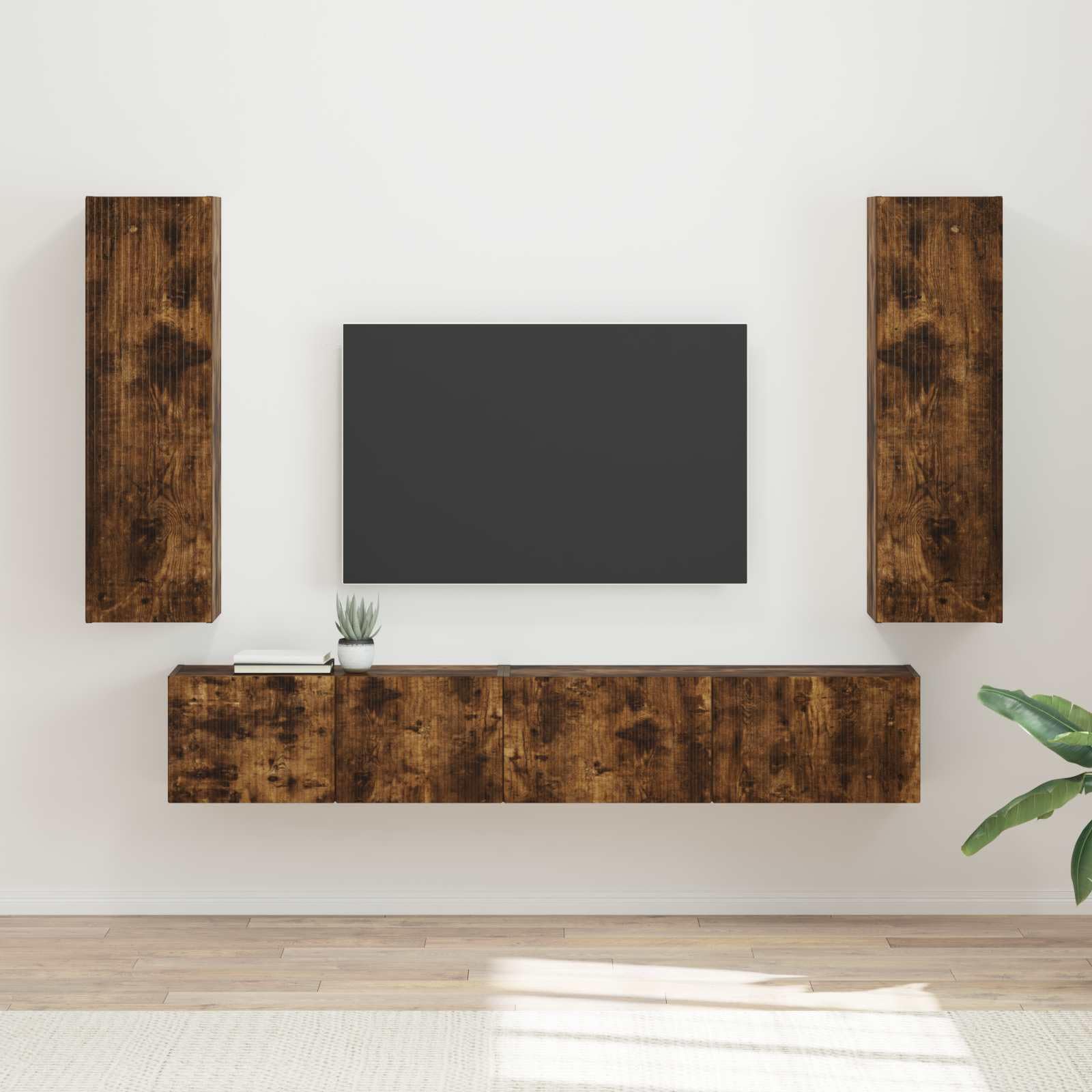Fengshui Zestaw szafek TV 3 szt. Dąb wędzony materiał drewnopochodny | Montaż ścienny, 3 jednostki, elastyczne przechowywanie, nowoczesny design, do salonu