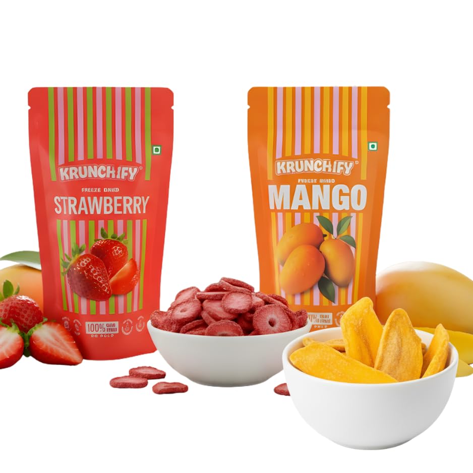 Krunchify Freeze Dried Fruit Mango & Strawberry Combo Pack | No Added Sugar, No Preservatives | 100% Vegan & Healthy | Serving - 16g Each