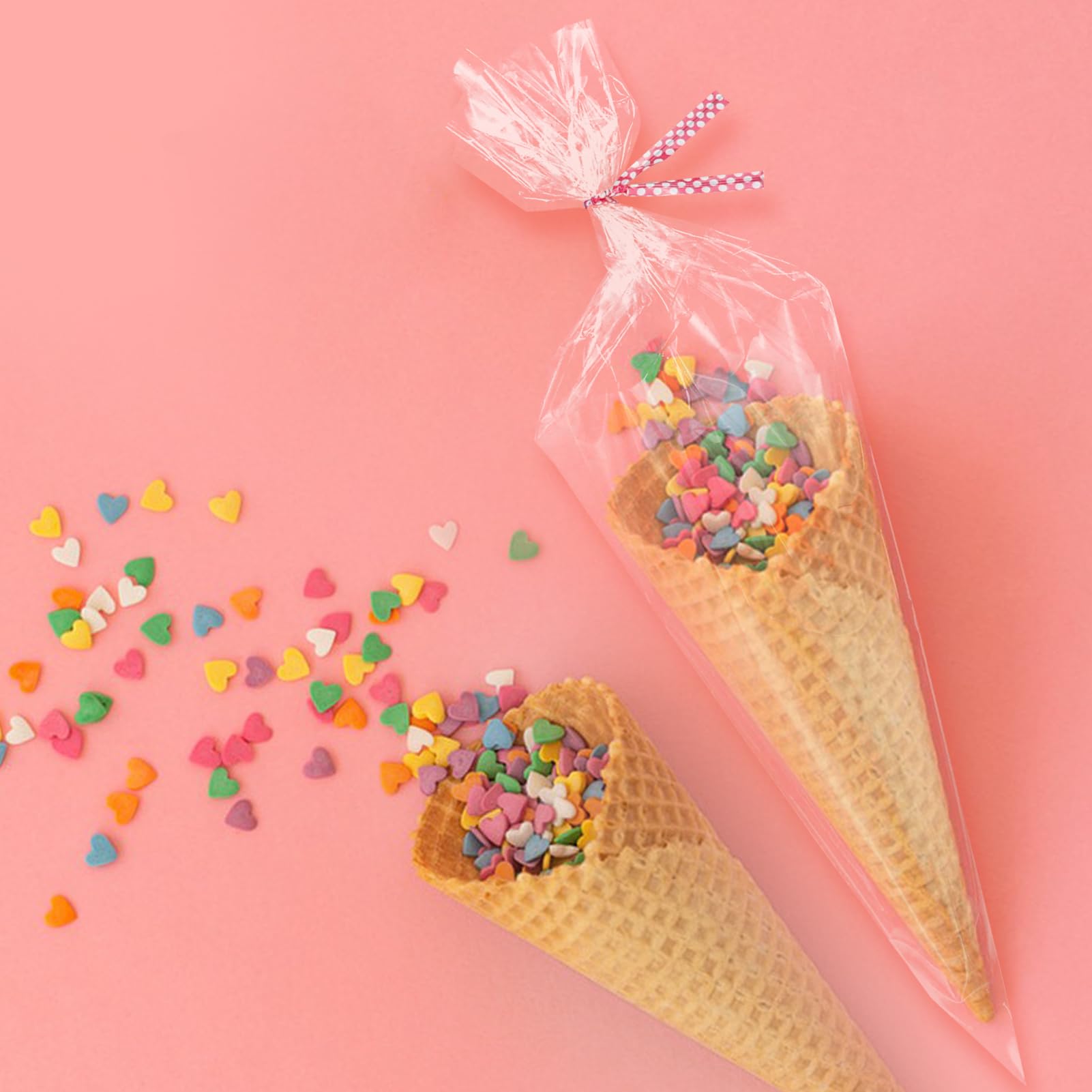 100 Sacchetti A Cono Per Caramelle Con Nastri E Cravatte: Perfetti Per Feste, Buffet E Regali Fai Da Te (13x25 Cm, OPP Trasparente) - 4