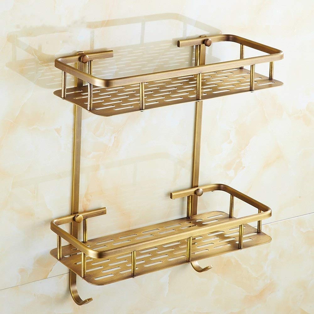Bathroom Shower Caddy Fixed to The Wall Bathroom Shelf 2 Levels Shelf Organizer Adhesive Storage Basket in Brass