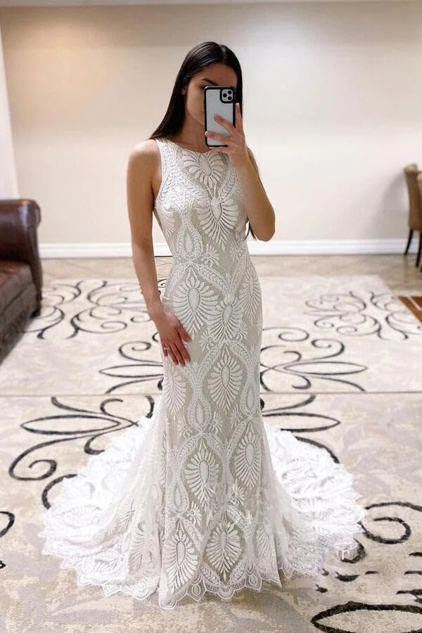 Image of Women's Beach Wedding Dresses for Bride 2022 Vintage Long Sleeves Lace Bohemian Bridal Gown