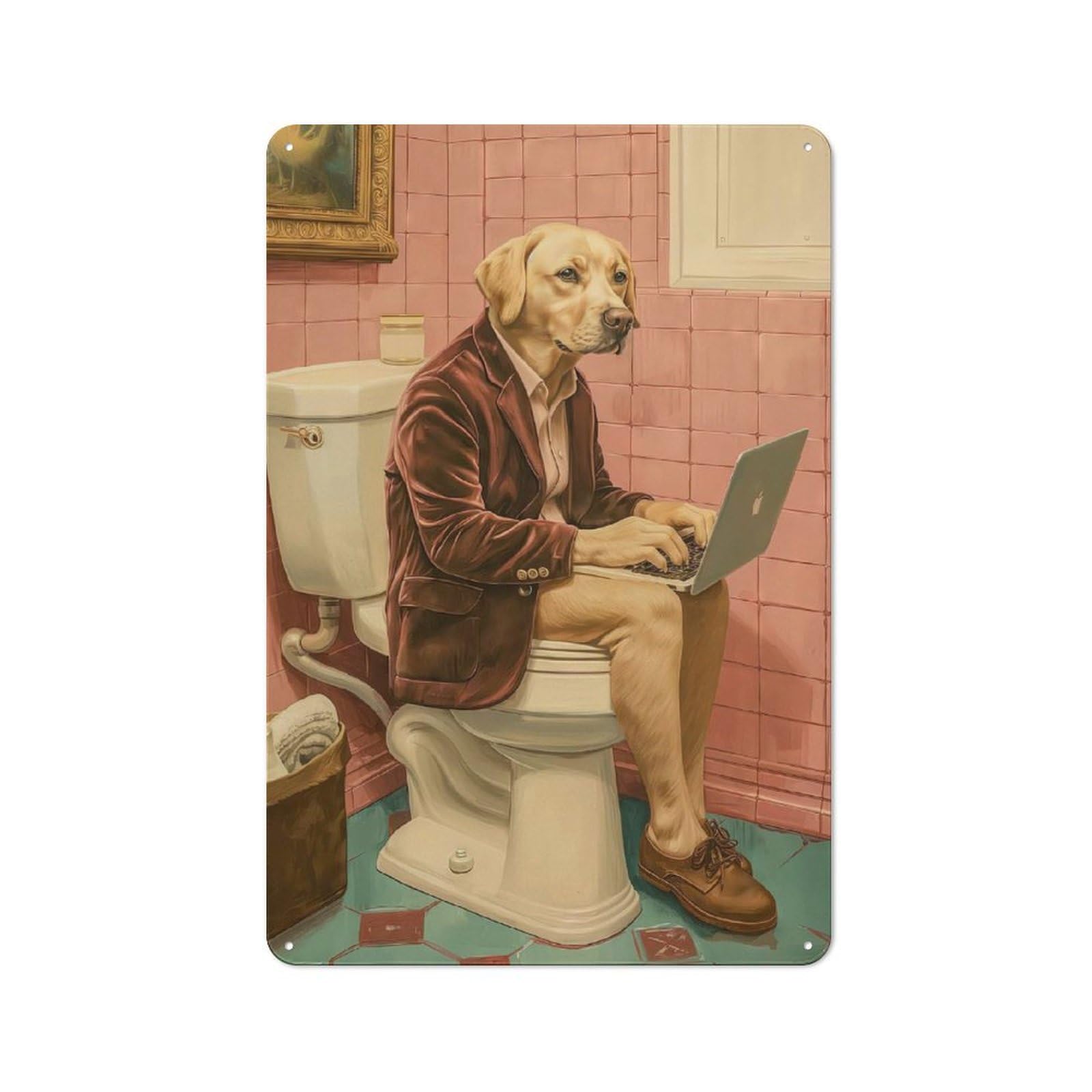 Golden Retriever on Toilet Decorative Metal Plaque 30x20cm, Garage Style Shed Wall Plaque for Workshop, Basement, Shed Or Games Room