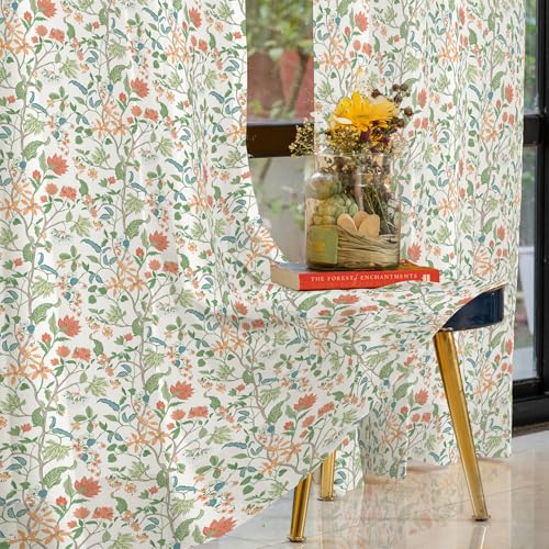Image of Urban Space 100% Cotton Floral Curtains 5 Feet Long Set Of 2, 60-65% Room Darkening, Decorative Curtains With Eyelets /Rings For Hanging, Tieback Included (Noor, Window - 5 Feet), White