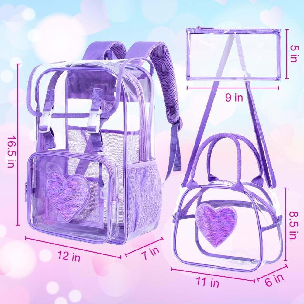 17" Sequin Clear Backpack for Girls - 3Pcs Sparkle Flip Design Stadium Approved Set, Waterproof Campus/School Transparent Bookbag (Purple) - Image 3