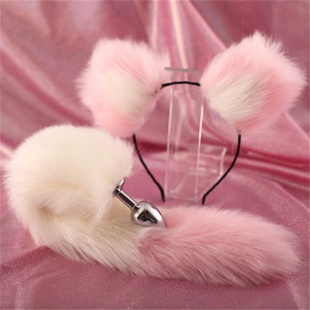 Pink & White Three Sizes Fluffy Faux Fox Tail & Cat Ears Headband Charms Role Play Costume Party Masquerade Cosplay Prop (Pink & White #2, S)