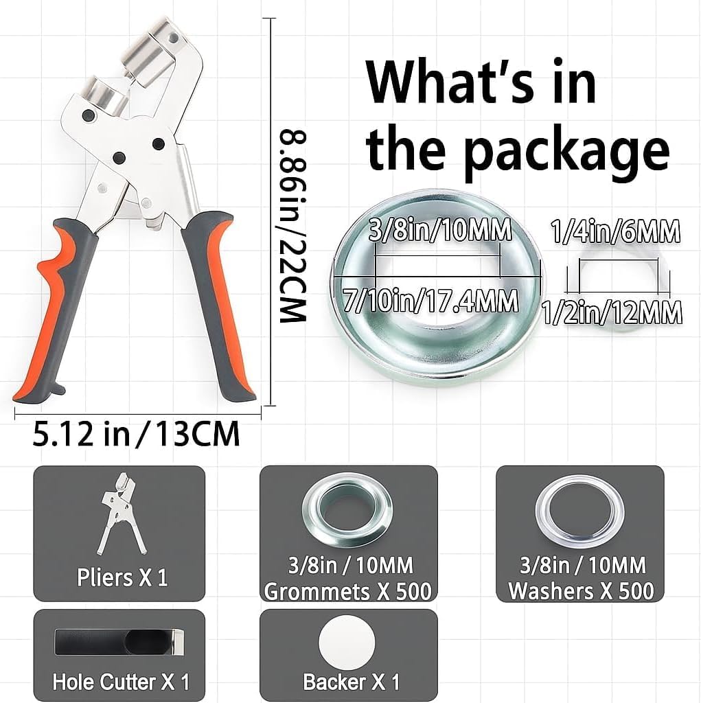 Heavy Duty Handheld Grommet Tool Kit – 3/8" (10mm) & 1/4" (6mm) Grommet Pliers with 500 Eyelets – Portable Eyelet Punch Machine for Tarps, Banners, Canvas, Leather & DIY-Orange+Black+10MM