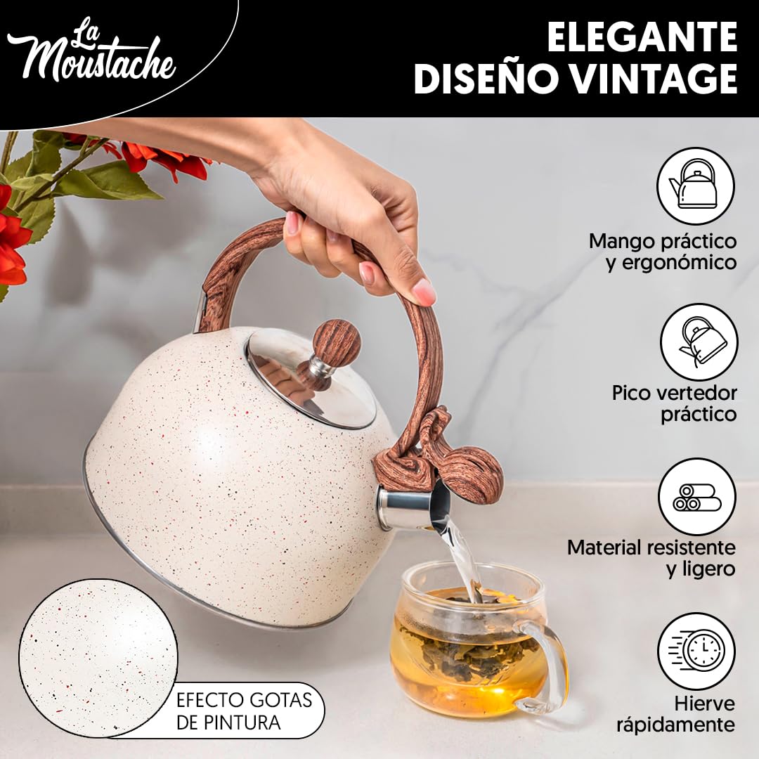 La Moustache - Hervidor de Agua Silbante【2,5L】de Acero Inoxidable para 10 Tazas | sin BPA, Ø23 cm Apto para Inducción, Gas y Vitrocerámica con Asa Ergonómica Antiquemaduras, Diseño Vintage (Beige)