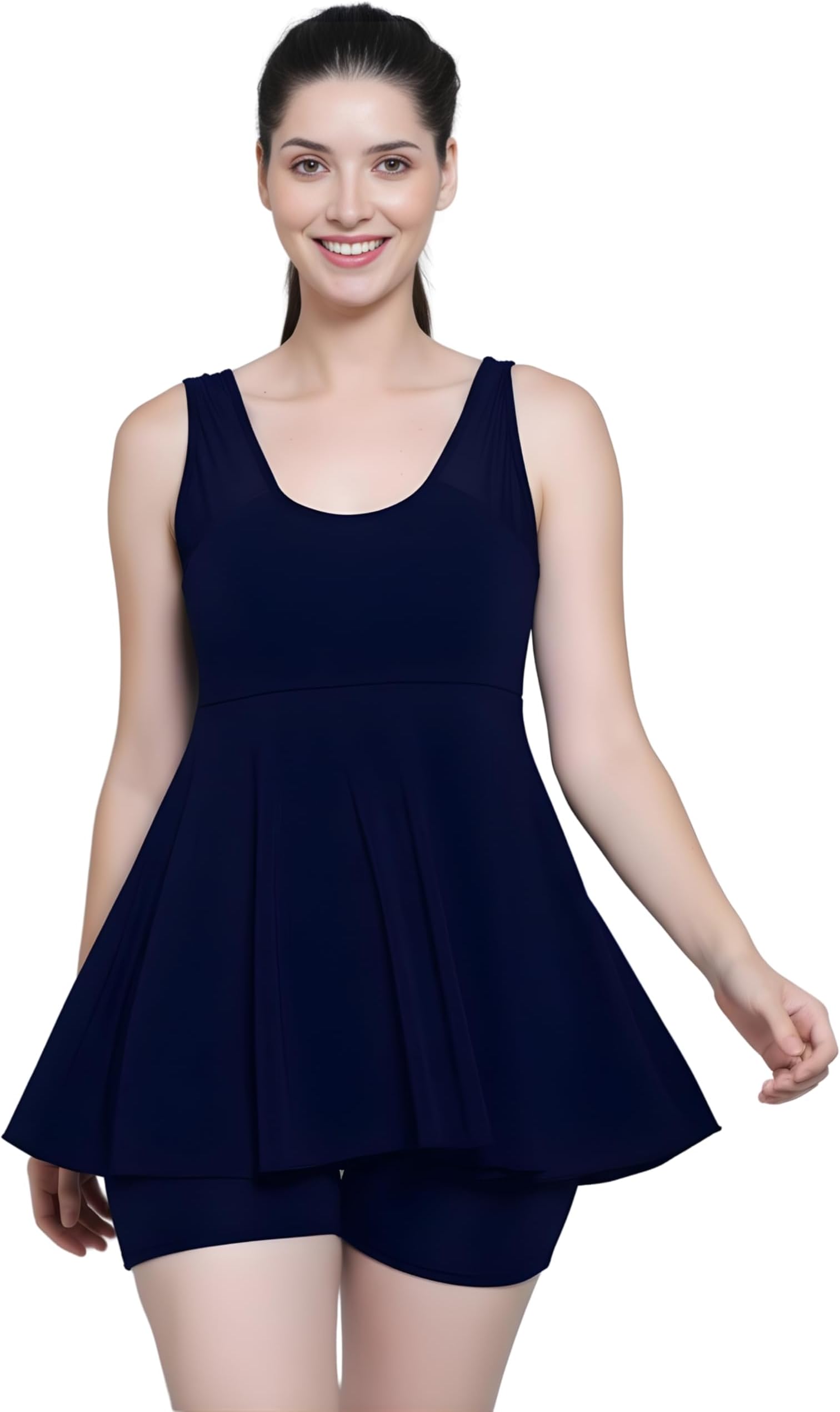 Women Frock Style Short Attached Padded One Piece Swimming Costume Swimdress Swimwear