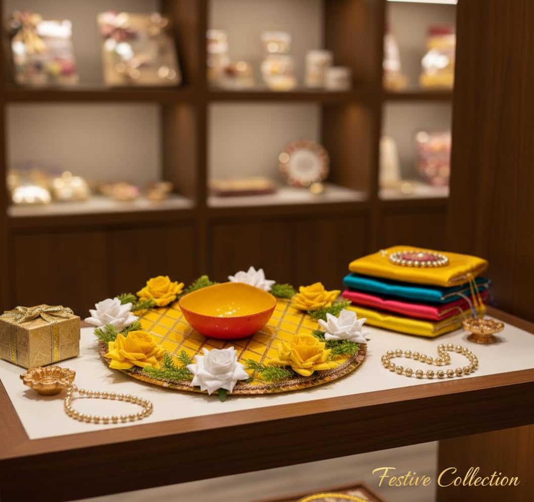 Sanvatsar Home Handmade Haldi Thali with Floral Design for Haldi Ceremony & Haldi Rasam | haldi Decoration Items for Marriage - Image 5 thumbnail