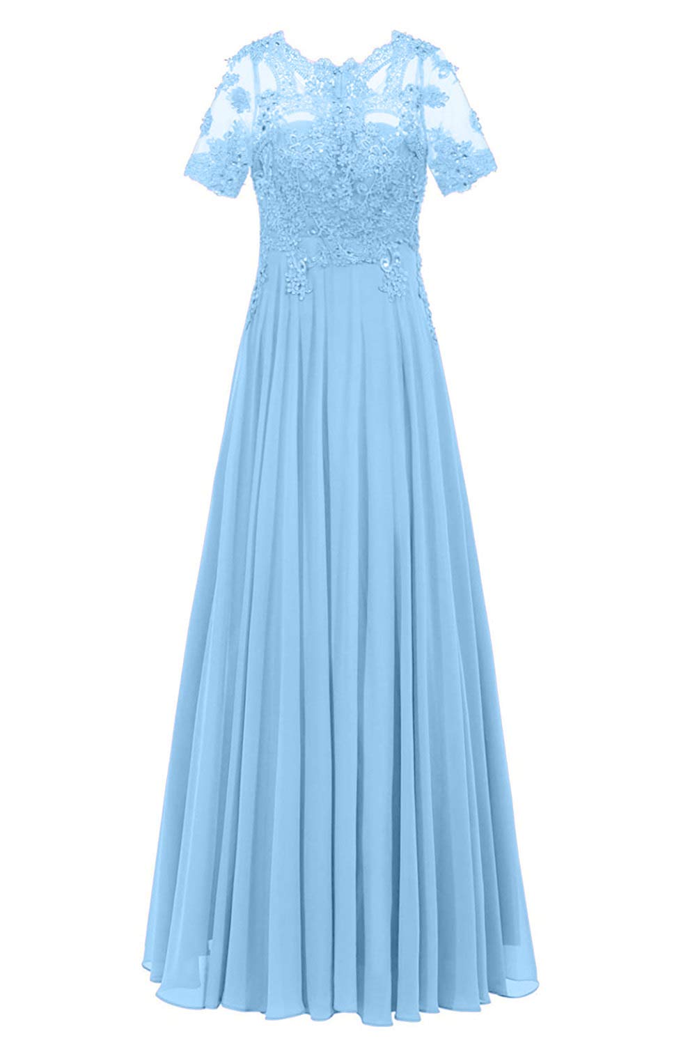 Monalia Womens's Elegant Chiffon Prom Formal Dresses Short Sleeves Wedding Party Gowns Size 2 Sky Blue