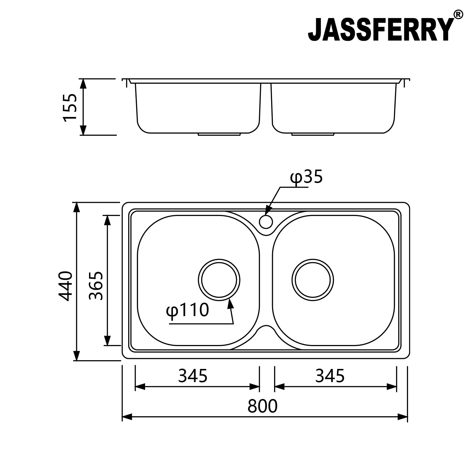 JASSFERRY Fregadero de cocina dos senos, de Acero Inoxidable, con colador de residuos, 80 x 44 cm