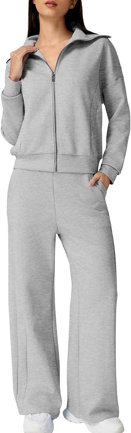 QINSEN Women's Cotton 2 Piece Outfits Lapel Long Sleeve Zip Up Sweatshirt Wide Leg Pants Matching Tracksuit Sets