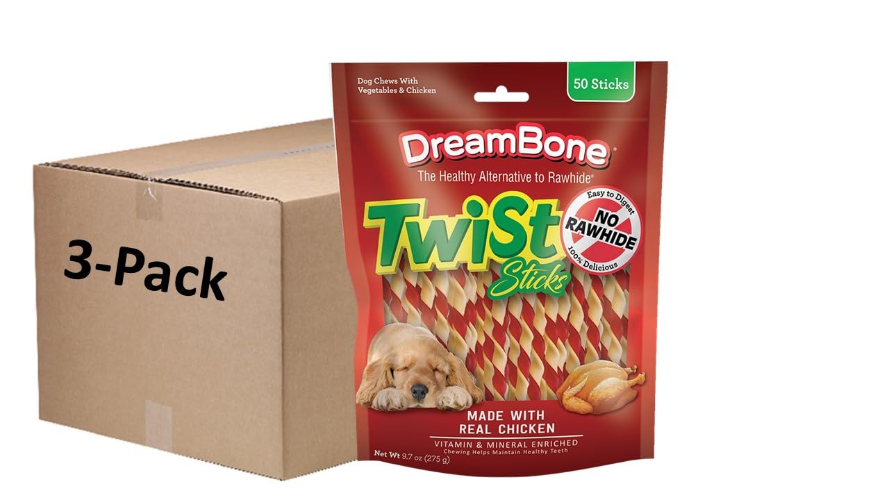 DreamBone Twist Sticks, Made with Real Chicken, Rawhide-Free Chews for Dogs, 50 Count (3 Pack) | Daily Chew, Digests Safely and Completely, Made With Real Chicken and Veggies, For Adult Dogs